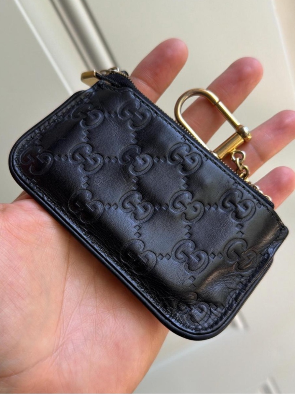 Gucci Black Embossed GG Leather Key Pouch with Gold Hardware